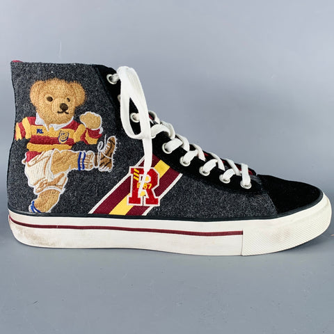 POLO by RALPH LAUREN Size 10.5 Solomon II Grey Burgundy Polo Bear Flannel High Top Sneakers
