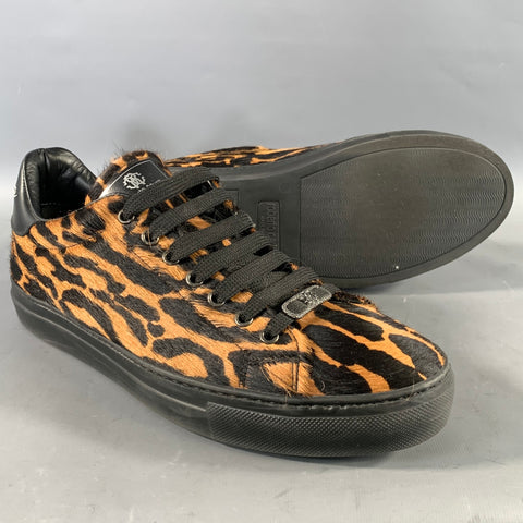 ROBERTO CAVALLI Size 11 Brown Black Animal Print Pony Hair Low Top Sneakers