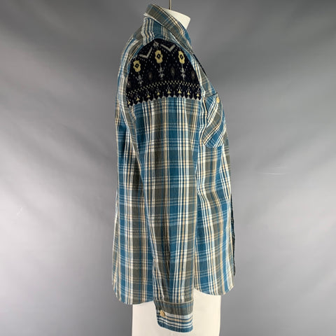 NANAMICA Size L Blue Taupe Plaid Cotton Patch Pockets Long Sleeve Shirt