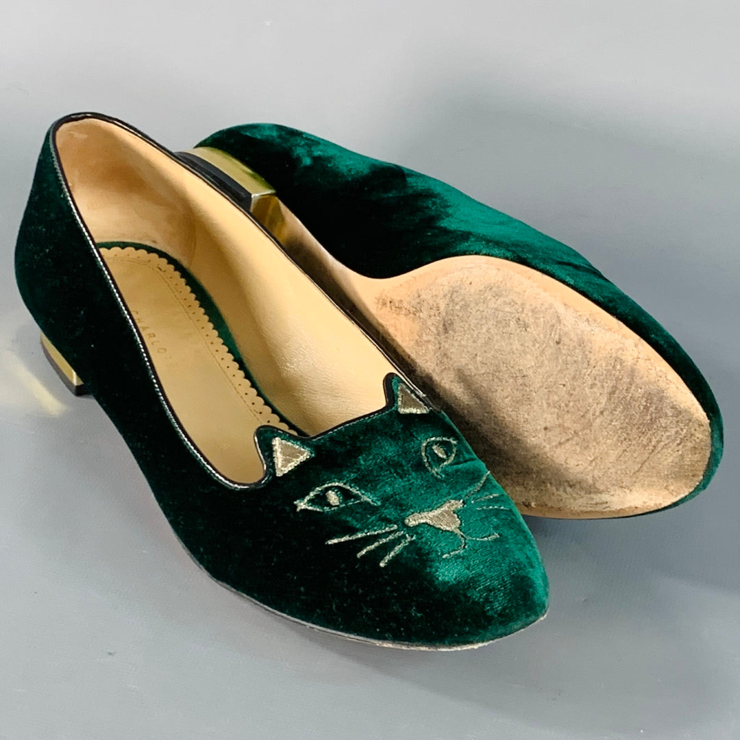 CHARLOTTE OLYMPIA Size 8.5 Green Gold Velvet Embroidered Kitty Slip On Flats