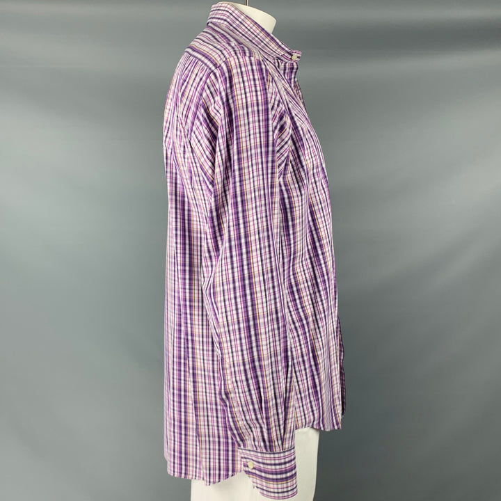 ETRO Taille L Chemise à manches longues boutonnée en coton à carreaux violet et blanc