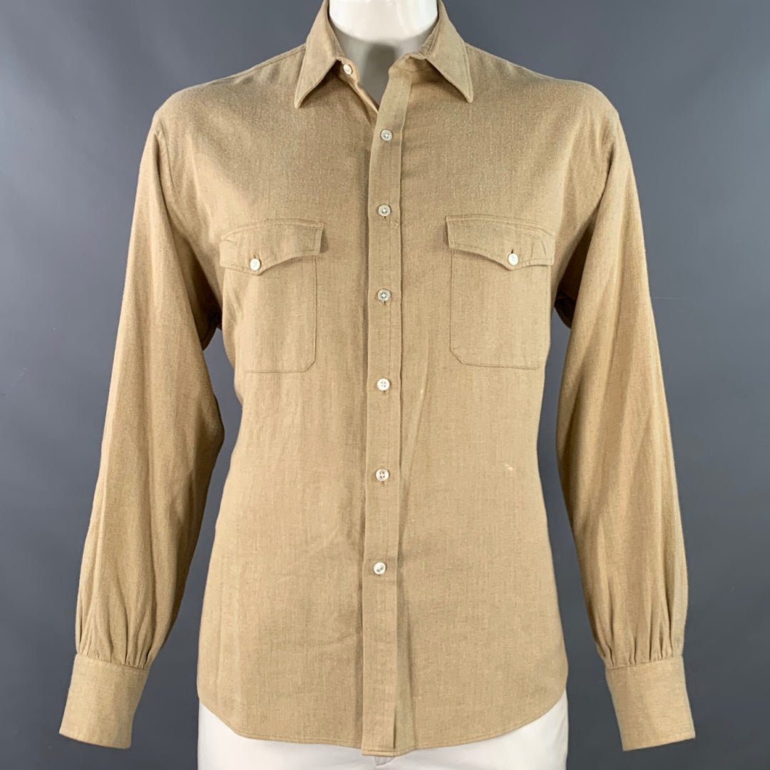 TURNBULL & ASSER Size XL Beige Herringbone Cotton 2 Pockets Long Sleeve Shirt