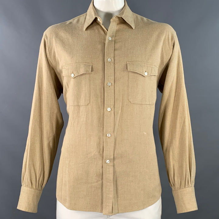 TURNBULL & ASSER Size XL Beige Herringbone Cotton 2 Pockets Long Sleeve Shirt