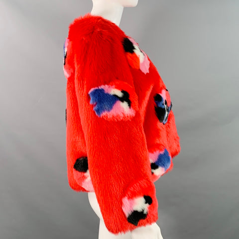 HEURUEH Size S Red Blue White Acrylic Blend Abstract Faux Fur Cropped Jacket