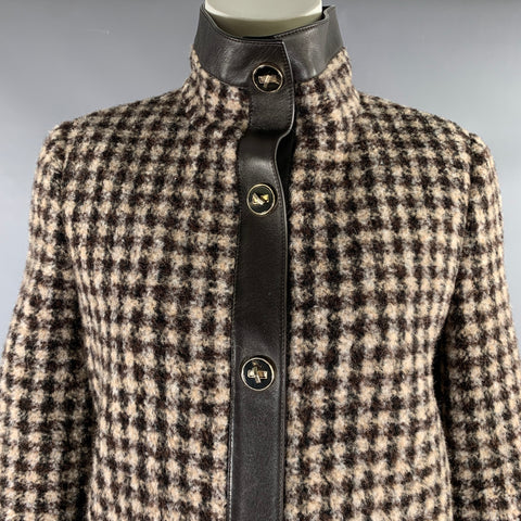 GIORGIO ARMANI Size 6 Brown Cream Alpaca Plaid Leather Trim Jacket