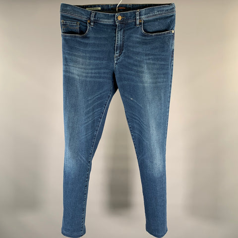 ALBERTO Size 34 Indigo Solid Cotton Blend Skinny Jeans