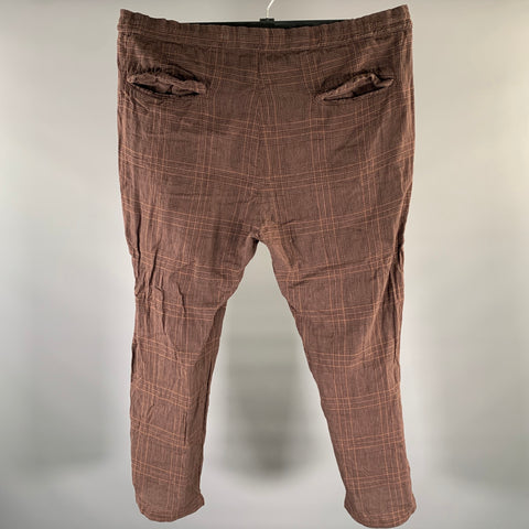 BARENA Size 42 Brown Black Plaid Linen Cotton Drawstring Casual Pants