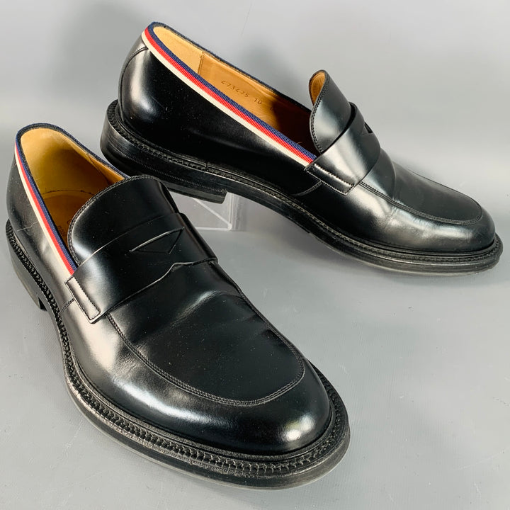 GUCCI Size 10.5 Black Red Blue Contrast Trim Leather Penny Loafers