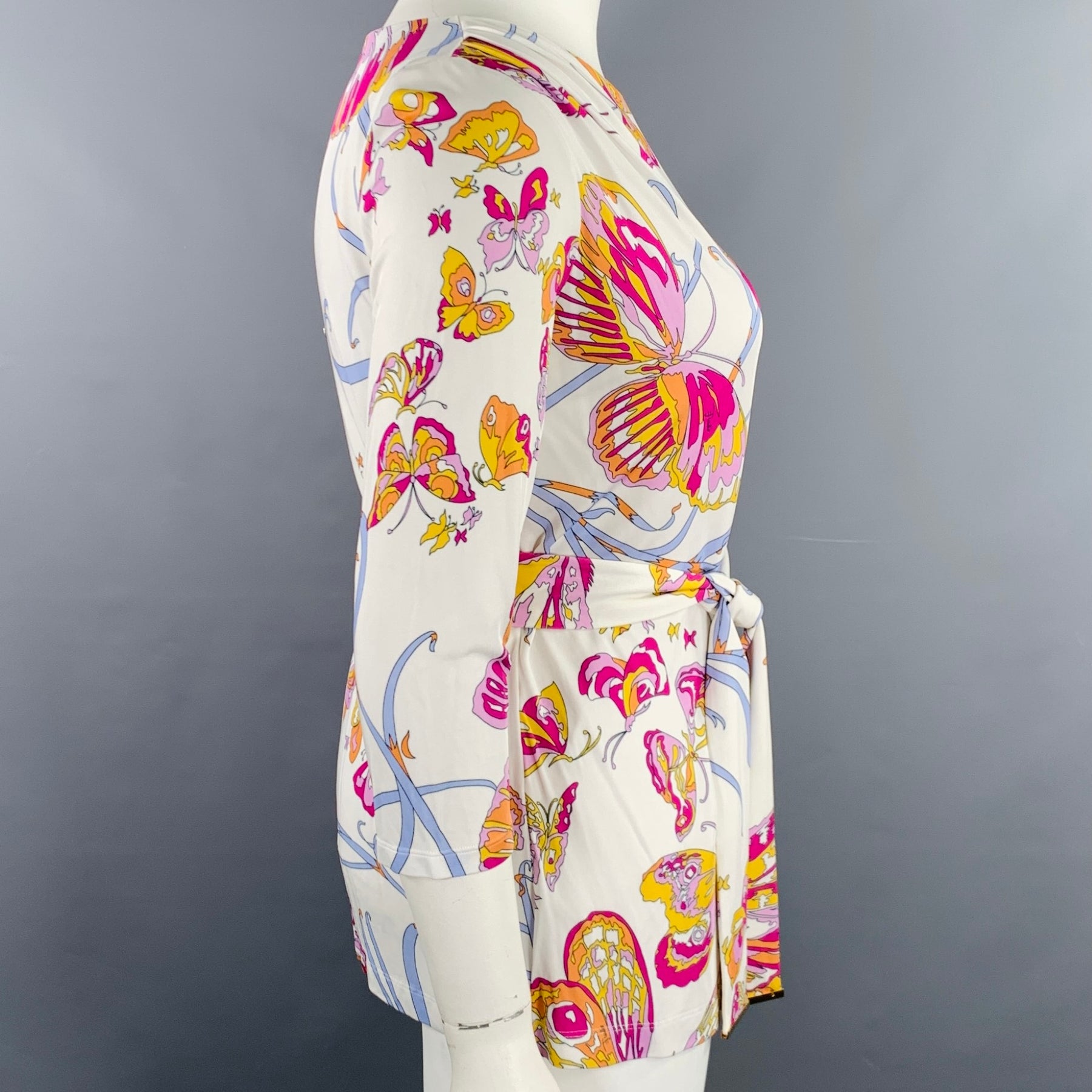 EMILIO PUCCI - しろ EMILIO PUCCI Size 12 White Pink Butterflies 3/4 Sleeves