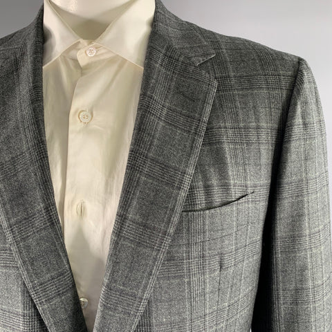 SANTORIO Chest Size 42 Grey Black Tartan Wool Notch Lapel Sport Coat