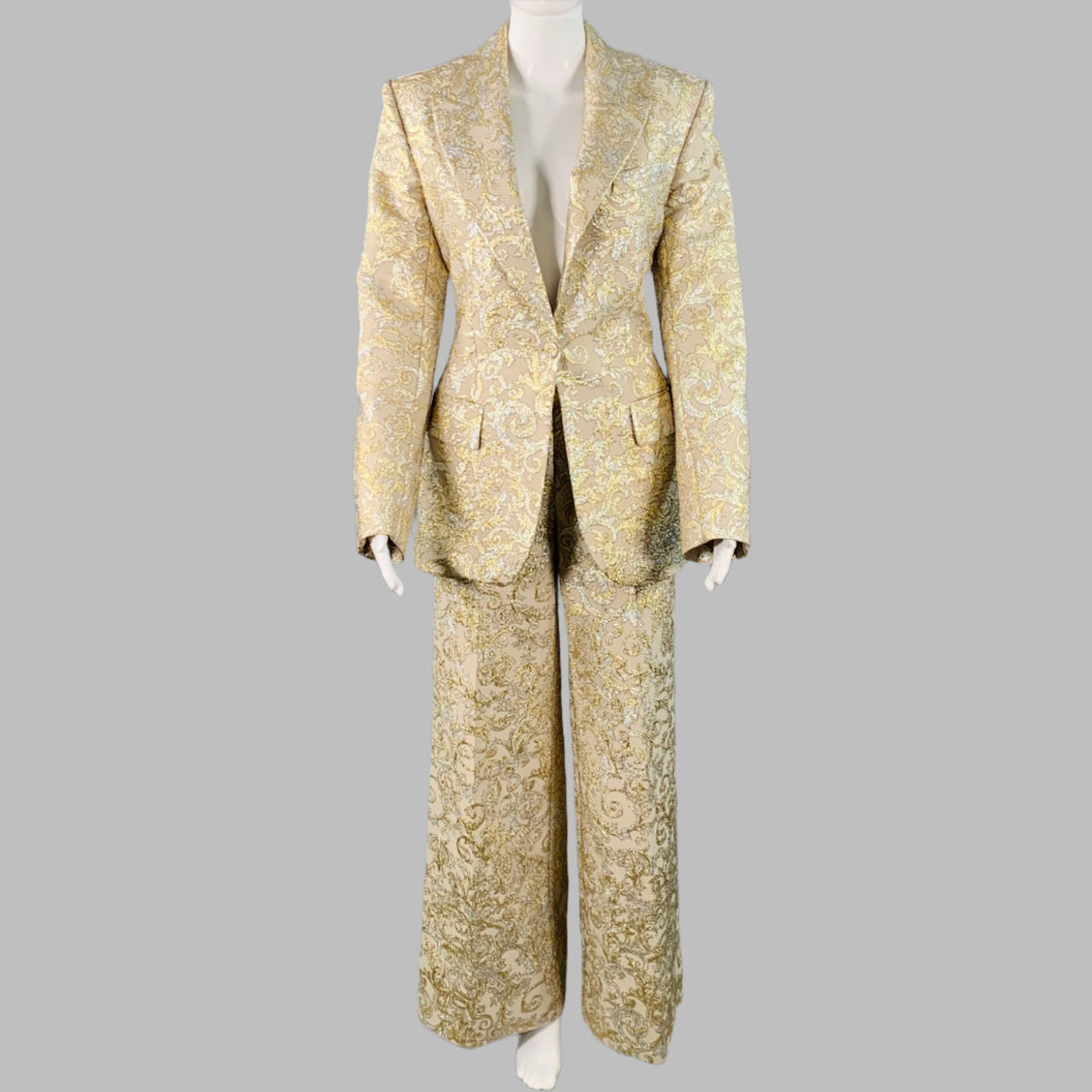 STELLA McCARTNEY Size 2 Metallic Gold Silver Polyamide Blend Jacquard Peak Lapel Pantsuit