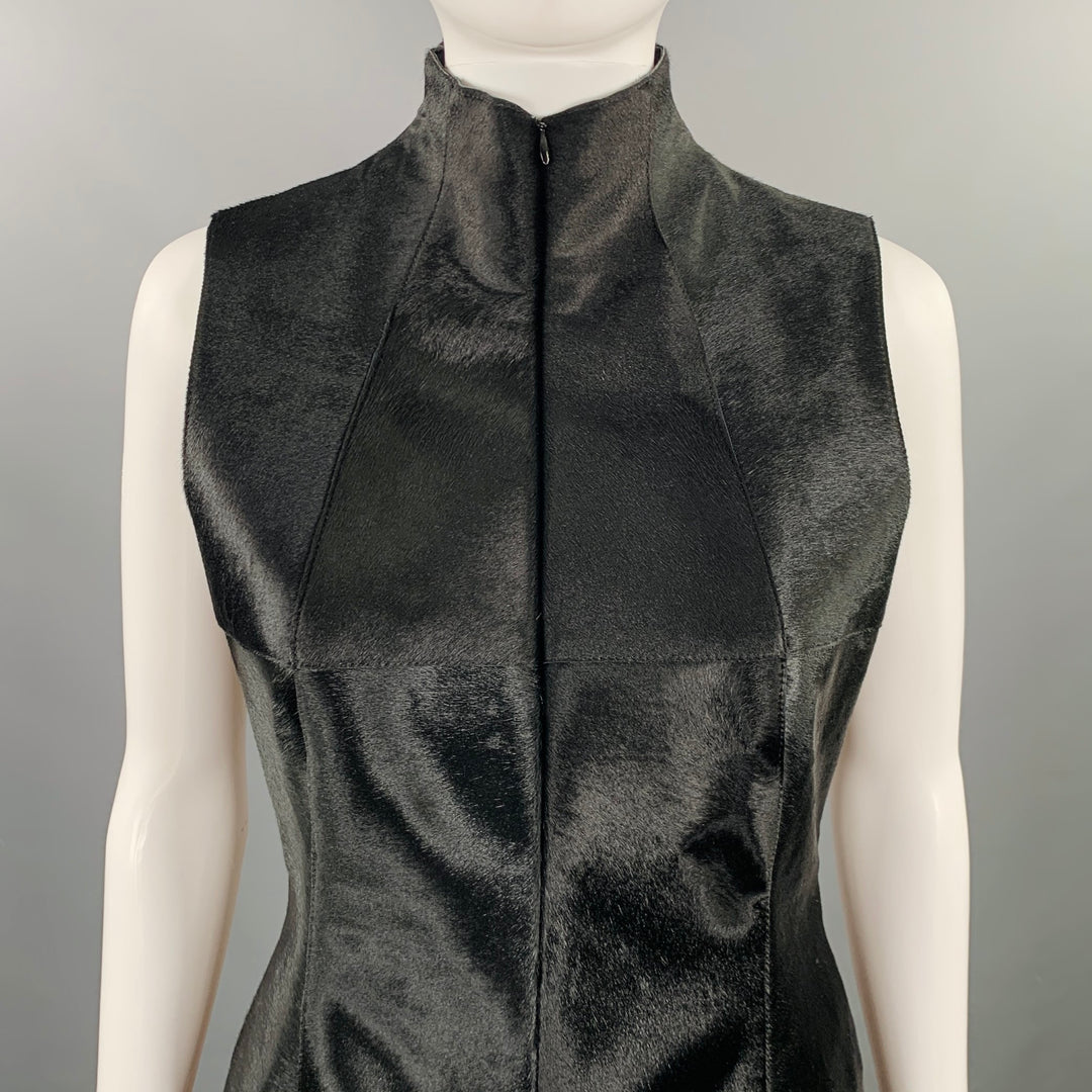 AKRIS 6 Black Pony Hair Leather Sleeveless Pleated Back High Neck Cocktail Dress