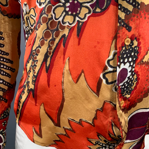 JUST CAVALLI Size L Red Yellow Abstract Floral Silk Western Long Sleeve Shirt