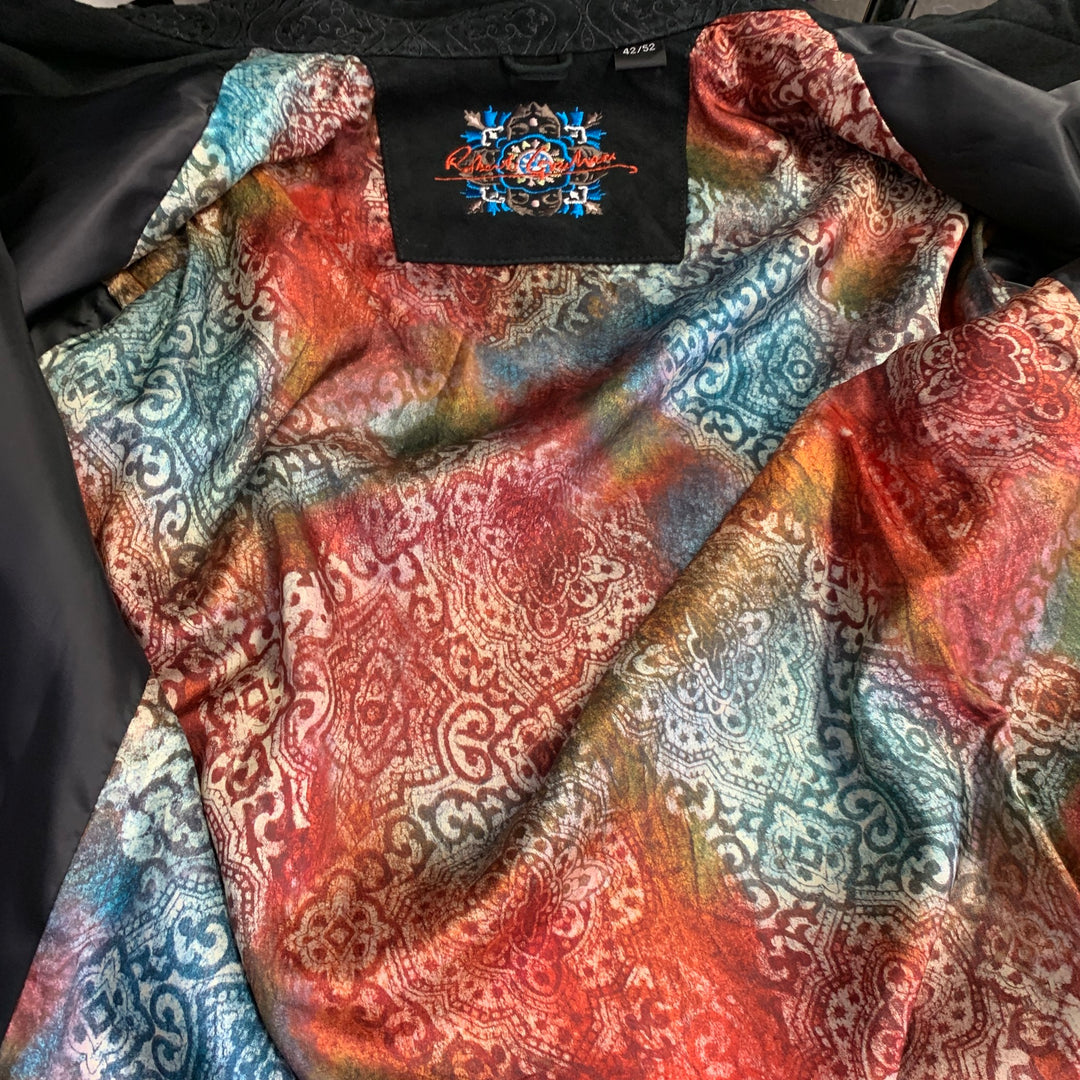 ROBERT GRAHAM Size L Black Embroidery Suede Contrast Trim Long Sleeve Shirt