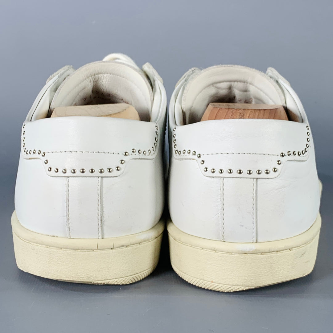 SAINT LAURENT Size 7 White Silver Leather Studded Low Top Sneakers