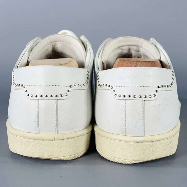 SAINT LAURENT Size 7 White Silver Leather Studded Low Top Sneakers
