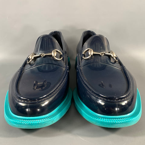 GUCCI 2016 Size 8 Navy Turqoise Rubber Horsebit Loafers
