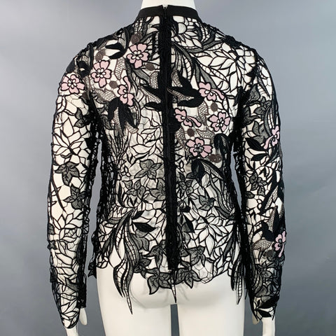 SELF-PORTRAIT Size 10 Black Pink Guipure Lace Floral See Through Dress Top