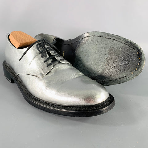 SAINT LAURENT Size 10 Silver Metallic Leather Derby Lace-Up Shoes