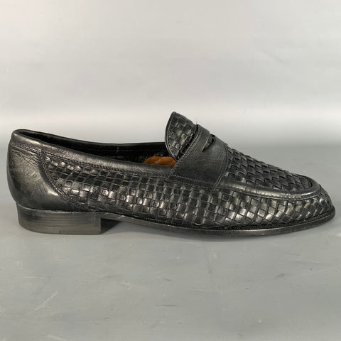 FRATELLI ROSSETTI Size 10 Black Woven Leather Penny Loafers