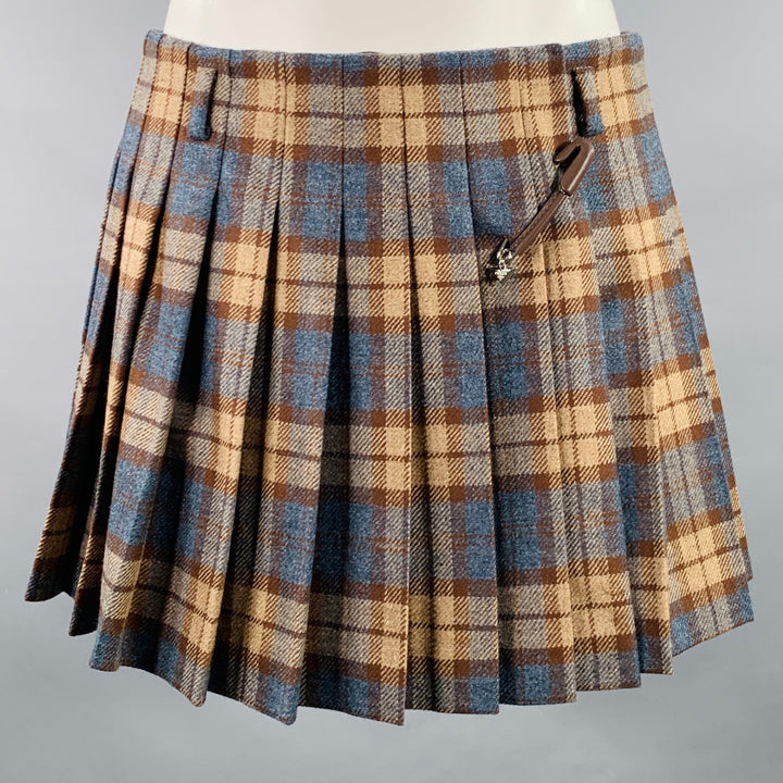 PRADA Size 28 Blue Taupe Wool Plaid Pleated Mini Skirt