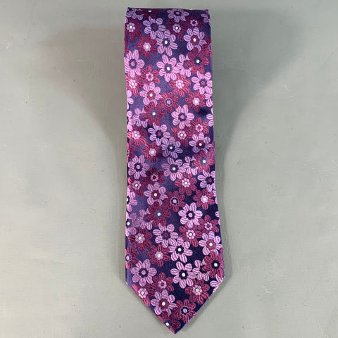 FACONNABLE Navy Purple Floral Jacquard Silk Tie