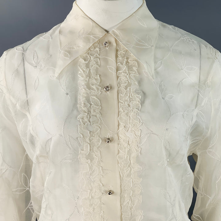 ESCADA Size XL Off White Silk Sheer Embroidered Ruffled Button Up Shirt