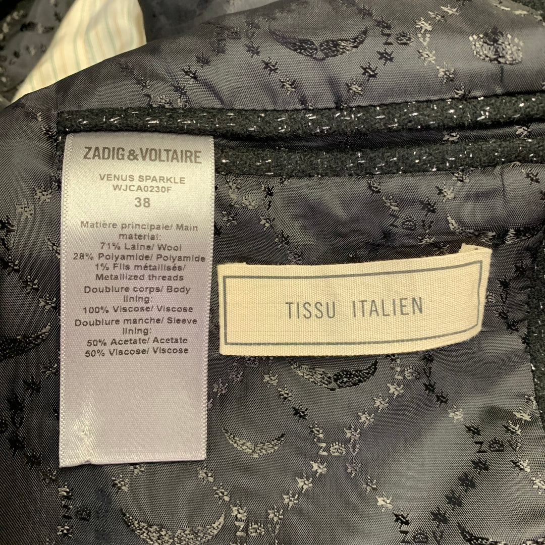 ZADIG & VOLTAIRE Size M Venus Sparkle Black Silver Wool Blend Peak Lapel Jacket Blazer