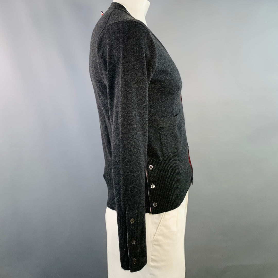 THOM BROWNE Size L White Charcoal 4 Bar Stripe Cashmere Two Pockets Cardigan