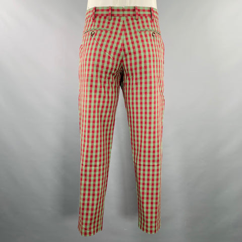 PT TORINO Size 34 Green Red Checkered Cotton Silk Flat Front Casual Pants