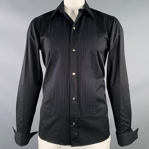 Chemise de smoking ETON taille L noire en coton plissé, poignets mousquetaires, manches longues