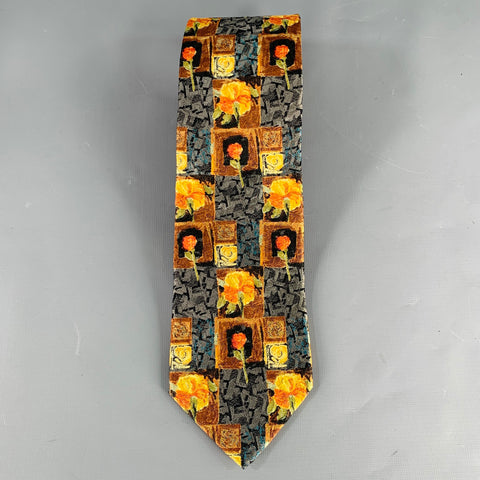 ERMENEGILDO ZEGNA Grey Yellow Abstract Floral Silk Tie
