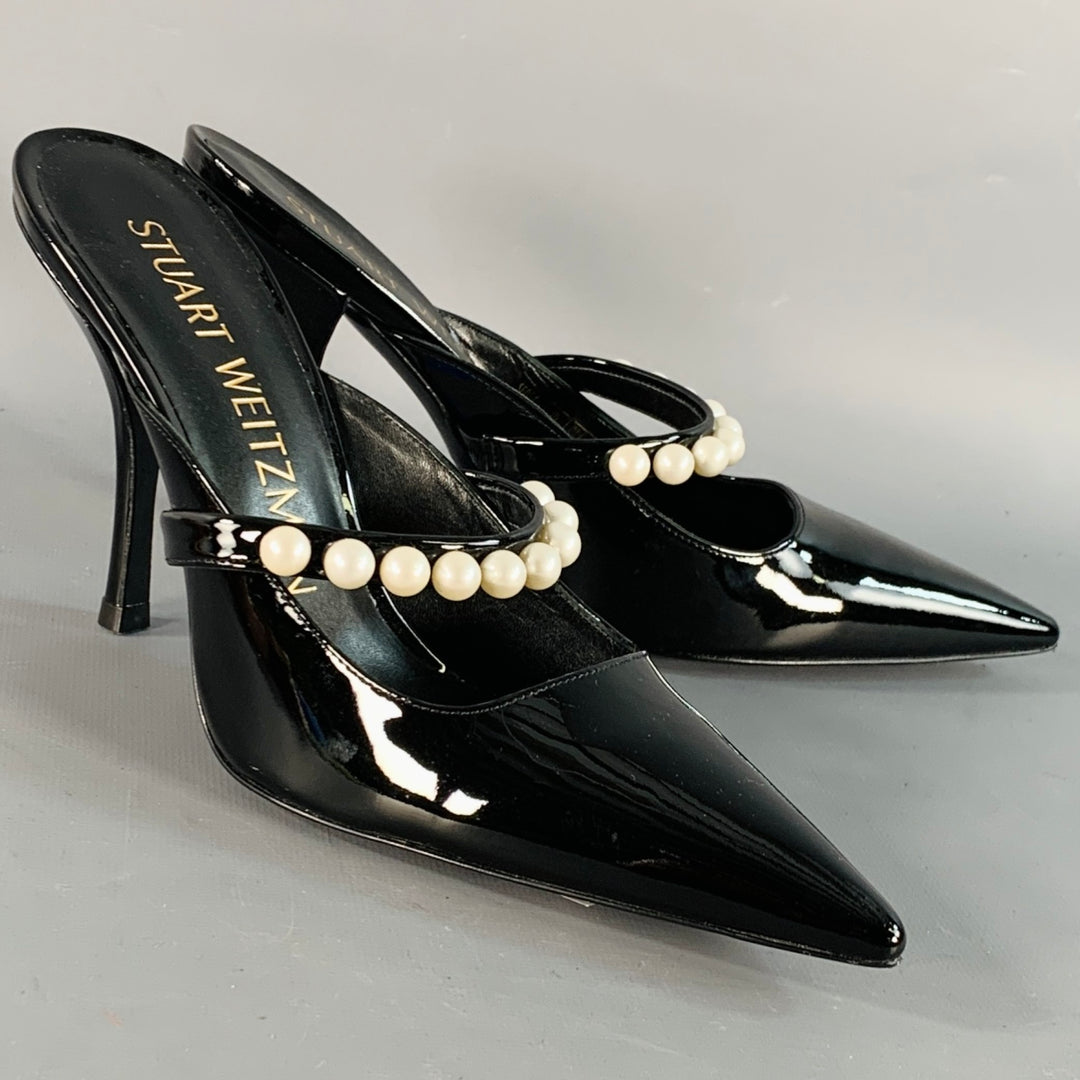 STUART WEITZMAN Size 7.5 Black Patent Leather Faux Pearl Pointed Toe Pumps