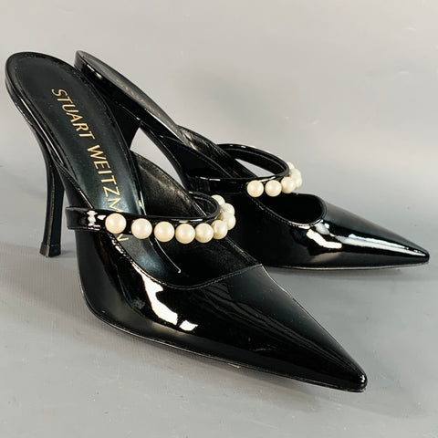 STUART WEITZMAN Size 7.5 Black Patent Leather Faux Pearl Pointed Toe Pumps