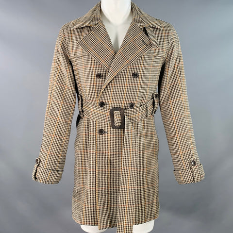 BLACK FLEECE Size 40 Beige Multi Color Houndstooth Wool Double Breasted Belted Trenchcoat