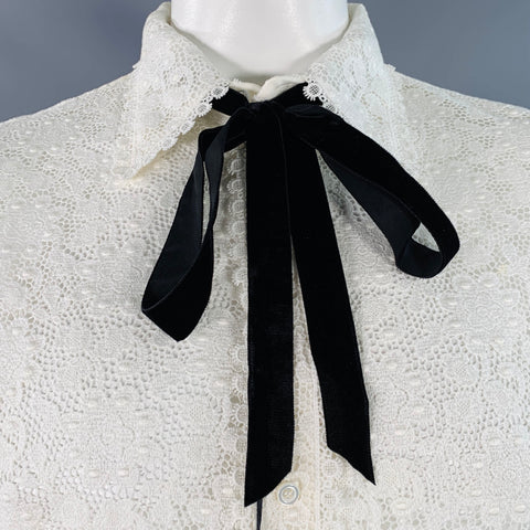 GUCCI by ALESSANDRO MICHELE Size L White Macrame Lace Cotton Blend Bow Long Sleeve Shirt