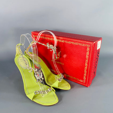 RENE CAOVILLA Size 6.5 Green Chartreuse Silk Rhinestones Strappy Sandals