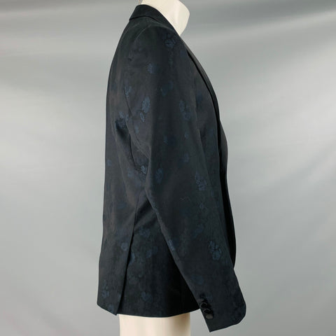 PAUL SMITH Size 40 Navy Black Floral Cotton Peak Lapel Sport Coat