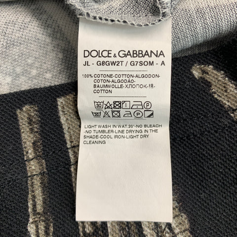 DOLCE & GABBANA Size L Black Grey Birds Cotton Buttoned Polo