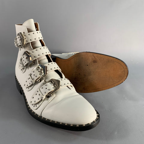 GIVENCHY Size 8 White Studded Leather Belted Boots