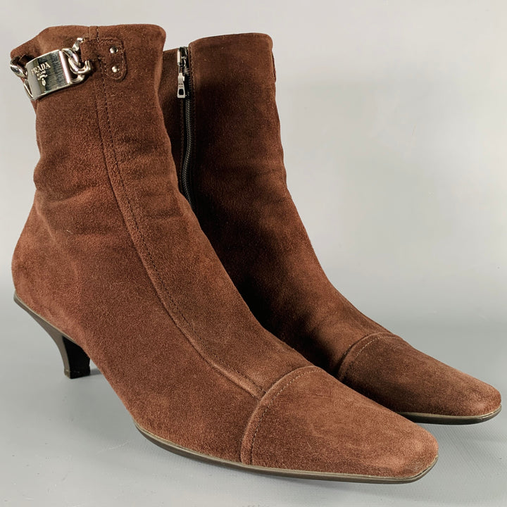 PRADA Size 7.5 Brown Suede Kitten Heel Boots