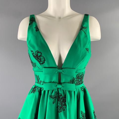 MARCHESA Size 2 Green Black Polyester Floral Bubble Hem Knee-Length Dress