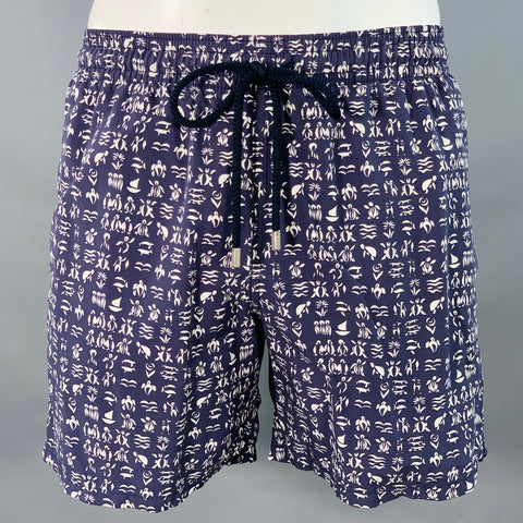 Maillot de bain à cordon de serrage VILEBREQUIN, taille L, en nylon, motif tropical abstrait, bleu marine et blanc