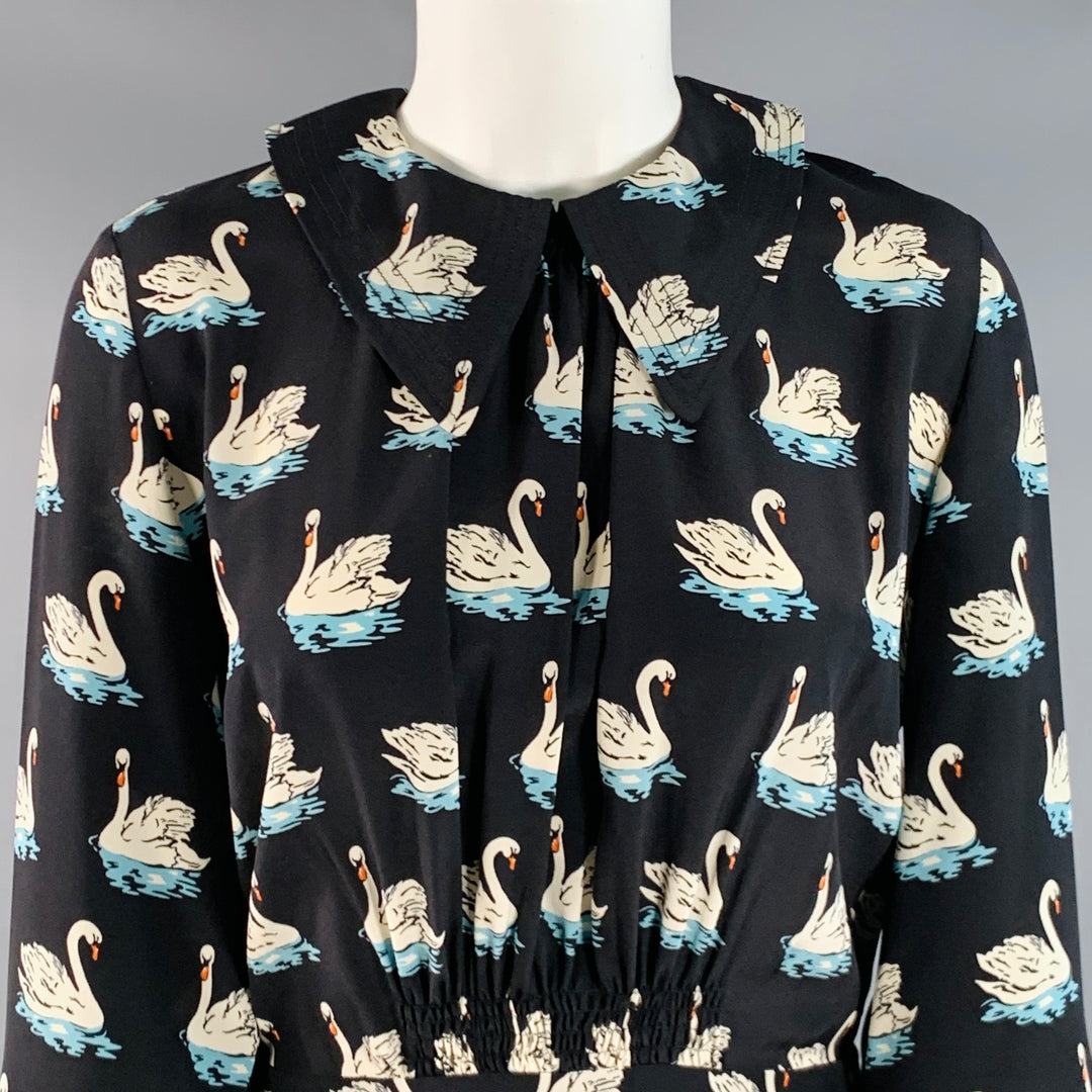 STELLA McCARTNEY 2016 Size 2 Black White Blue Silk Swans Point Collar Dress