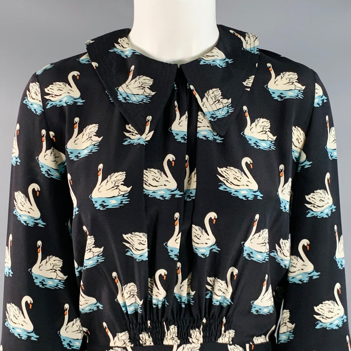 STELLA McCARTNEY 2016 Size 2 Black White Blue Silk Swans Point Collar Dress