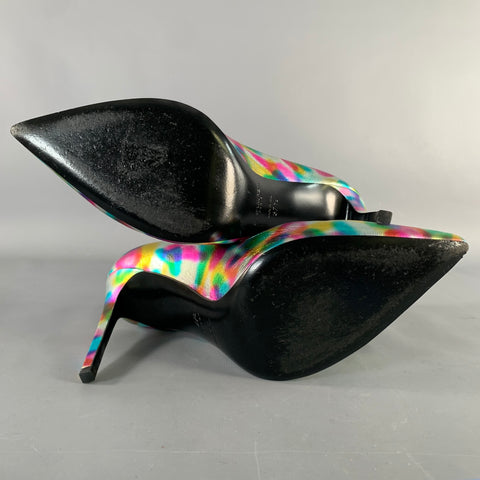 SAINT LAURENT Size 7.5 Metallic Silver Multi Color Leather Stiletto Pumps