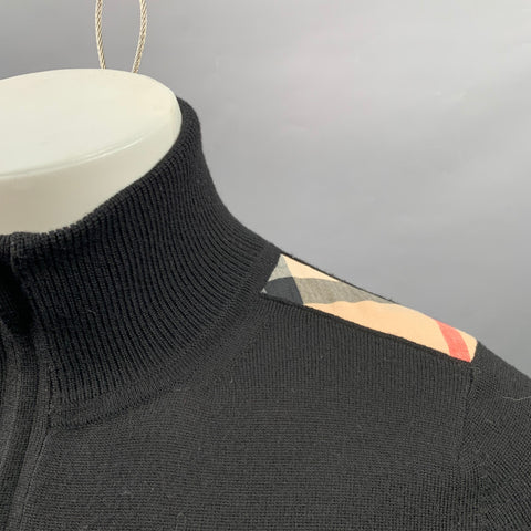 BURBERRY BRIT Size S Black Multi Color Check Contrast Trim Merino Wool 1/4 Zip Pullover