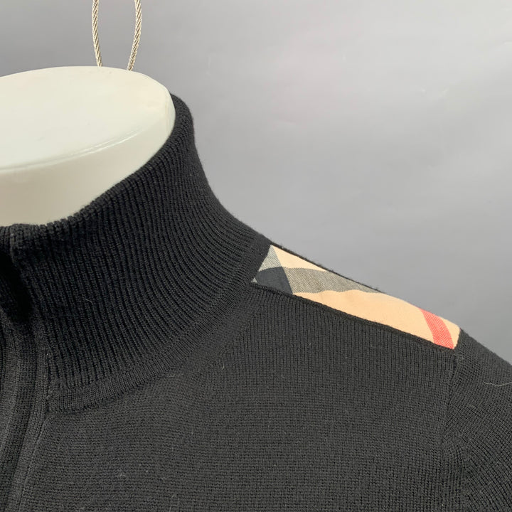 BURBERRY BRIT Size S Black Multi Color Check Contrast Trim Merino Wool 1/4 Zip Pullover
