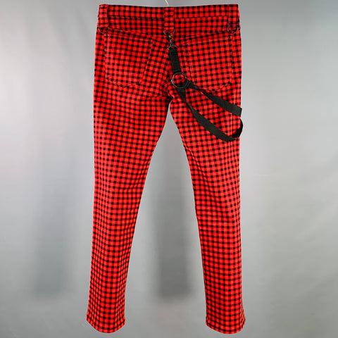 NUMBER (N)INE Size M Red Black Cotton Blend Checkered Straps Zip Fly Bondage Casual Pants