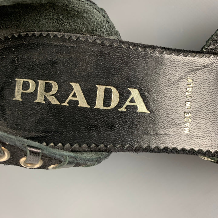 PRADA Size 6.5 Black Silver Suede Chain Link Kitten Heel Pumps